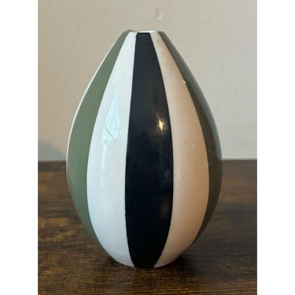 Petite Early  Small Vintage Jonathan Adler Black & Green  Stripped Vase - Picture 2 of 6